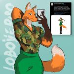 1:1 anthro army army_uniform biped brazil brazilian brazilian_flag canid canine clothed clothing female gesture hi_res loboverso looking_at_viewer mammal maned_wolf miranda_(naythf) multicolored_body solo text translated two_tone_body