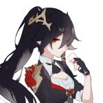  1girl black_shirt breasts cleavage cleavage_cutout closed_mouth clothing_cutout flower fu_hua fu_hua_(blood_voivode) fu_hua_(shadow_knight) hair_between_eyes hair_flower hair_ornament high_ponytail holding honkai_(series) honkai_impact_3rd long_hair long_sleeves mangzhi_yaoyao official_alternate_costume ponytail red_eyes red_flower red_wine rose shirt simple_background solo upper_body vampire white_background 