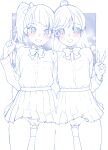  2girls alternate_costume arm_around_waist blue_theme blush bow bowtie censored commentary cut_bangs dress_shirt hair_bun highres hirogaru_sky!_precure long_hair long_sleeves looking_at_viewer medium_hair miyagoe_yoshitsuki monochrome multiple_girls nijigaoka_mashiro no_panties open_mouth precure pussy school_uniform shirt side-by-side side_ponytail single_hair_bun single_sidelock smile sora_harewataru spot_color standing v 