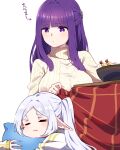  2girls =_= blunt_bangs blush breasts bright_pupils contemporary elf fern_(sousou_no_frieren) food frieren grey_hair half_updo highres hugging_object hyoe_(hachiechi) kotatsu large_breasts looking_at_another multiple_girls parted_bangs pillow pillow_hug pointy_ears purple_eyes purple_hair shrimp shrimp_tempura simple_background sousou_no_frieren sweater table tempura translation_request white_background white_pupils yellow_sweater 