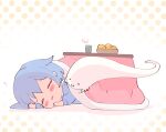  1girl :3 blue_hair blush_stickers bowl c: chibi closed_eyes commentary cup food fruit fujimi_nemu ghost kotatsu kyarahiba long_sleeves lying on_side onii-chan_wa_oshimai! orange_(fruit) short_hair simple_background sleeping smile solo table under_kotatsu under_table white_background yunomi 