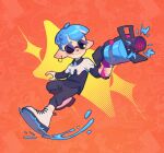  .52_gal_(splatoon) 1boy absurdres anchor_earrings black_pants blue_hair closed_mouth earrings english_commentary full_body gun high_tops highres holding holding_gun holding_weapon inkling inkling_boy jewelry orange_background paint pants pointy_ears radsakee round_eyewear shoes short_hair smile sneakers solo splatoon_(series) splatoon_3 sunglasses tentacle_hair weapon white_footwear 