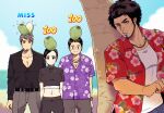  1girl 3boys beard belt black_belt black_eyes black_hair black_pants black_shirt closed_mouth collarbone cowboy_shot crop_top cropped_shirt day eric_tomizawa facial_hair fujinomiya_chitose_(ryuu_ga_gotoku) glasses grey_pants hawaiian_shirt highres jewelry kasuga_ichiban kiryu_kazuma midriff mole mole_under_eye multiple_boys necklace one_eye_closed outdoors pants partially_unbuttoned purple_shirt red_shirt ryuu_ga_gotoku_(series) ryuu_ga_gotoku_8 shirt short_hair standing todoroki_ago tree v-shaped_eyebrows watch white_shirt wristwatch 