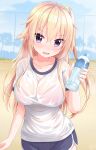  1girl blonde_hair blue_shorts blush bottle bra_visible_through_clothes bralines breasts eyebrows_visible_through_hair fang gym_shirt gym_shorts gym_uniform hayana_neru highres holding holding_bottle large_breasts long_hair looking_at_viewer original outdoors purple_eyes see-through shirt short_sleeves shorts smile solo water_bottle wet wet_clothes wet_shirt white_shirt 