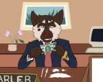  ambiguous_gender andromorph anthro banknote blood blue_eyes bodily_fluids brown_body brown_fur clothing cocaine computer desk drugs flower_pot fur furniture hi_res holding_money holding_object hyaenid intersex kibbleztheyeen male mammal money movie_reference nameplate necktie nosebleed parker_(kibbleztheyeen) picture_frame red_nose smile smirk smug solo striped_hyena substance_intoxication suit table tan_body tan_fur the_wolf_of_wall_street trans_(lore) trans_man_(lore) yellow_body yellow_fur 