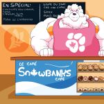 anthro apron apron_only bakery barazoku belly big_belly bilingual canada canid canine canis chalkboard clothed clothing coffee_shop dessert digital_media_(artwork) domestic_dog doughnut english_text eyes_closed fat_rolls fluffy food french_text fujiyama_kenhaku fujiyama_samoyed_(artist) fur hair hi_res hyper information_board kemono looking_at_viewer love_handles male mammal maple_leaf muffin neck_tuft nipple_slip nipples nordic_sled_dog obese obese_anthro obese_male overweight overweight_anthro overweight_male pastries pastry samoyed simple_background size_difference smile solo spitz text tuft watermark white_body