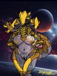 3_heads absurd_res anthro armor bakugan big_breasts breasts delphixander female gold_nipples gold_pussy hi_res huge_breasts hydra inverted_nipples multi_head nipples red_eyes solo solo_focus space translucent translucent_body viloch_(bakugan)