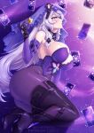  1girl adapted_costume ass bare_shoulders black_gloves black_swan_(honkai:_star_rail) breasts card cleavage covered_navel elbow_gloves floating_card gloves high_heels highres honkai:_star_rail honkai_(series) large_breasts long_hair purple_eyes purple_hair sevie sleeveless solo thick_thighs thighs veil very_long_hair 