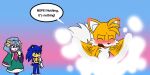  1girl 2boys blue_fur commentary english_commentary english_text furry furry_male gloves hyrulepirate male_focus multiple_boys simple_background smile sonic_(series) sonic_the_hedgehog speech_bubble tails_(sonic) 