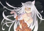  1girl absurdres animal_ear_fluff animal_ears animal_print bakemonogatari bakeneko black_hanekawa breasts cat_ears cat_girl cat_print cleavage commentary_request hanekawa_tsubasa highres large_breasts long_hair looking_at_viewer monogatari_(series) navel pajamas paw_pose print_pajamas slit_pupils tanaka3bom very_long_hair yellow_eyes 