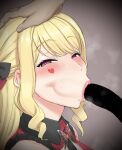  1boy 1girl absurdres akkgsyk blonde_hair blush censored facial_mark fellatio heart heart-shaped_pupils highres looking_at_viewer luis_cammy mole mole_under_mouth nijisanji oral purple_eyes symbol-shaped_pupils virtual_youtuber 