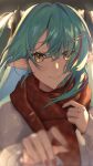  1girl bangs blue_hair english_commentary eyebrows_visible_through_hair grey_jacket hair_behind_ear highres horns jacket karon_(vtuber) karon_(vtuber)_(artist) karon_official multicolored_hair nijisanji pointy_ears portrait red_hair red_scarf scarf smile solo streaked_hair two_side_up virtual_youtuber virtuareal yellow_eyes 