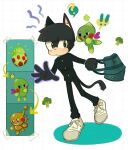  ! !! 1boy animal_ears animal_nose arrow_(symbol) bag black_gloves black_pants bowl_cut broccoli cat_boy cat_ears cat_tail chao_(sonic) commentary dark_chao egg ekubo_(mob_psycho_100) english_commentary full_body furrification furry furry_male gakuran gloves grey_footwear grid_background highres holding holding_bag kageyama_shigeo long_sleeves madsengland male_focus mob_psycho_100 pants school_bag school_uniform shoes short_hair sneakers sonic_(series) tail 