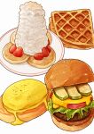  burger cheese food food_focus fruit kaneko_ryou lettuce meat no_humans original pancake pickle plate simple_background still_life strawberry tomato waffle whipped_cream white_background 