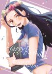  1girl amaguri_op black_hair blue_shirt blush book commentary_request happy_birthday head_wreath highres holding holding_book long_hair looking_to_the_side nico_robin one_piece profile shirt short_sleeves sidelocks smile solo upper_body 