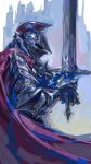  1other absurdres armor breastplate cape commentary from_side full_armor gauntlets helmet highres holding holding_sword holding_weapon knight nameno92372763 original red_cape solo standing sword weapon 
