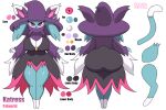 anthro artist_name big_breasts big_butt blue_body blue_fur breasts butt clothing female fur hat headgear headwear katress model_sheet pal_(species) palworld pink_eyes simple_background solo standing witch_hat zaviel