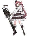  1girl back_bow black_bow black_dress black_footwear black_socks blush bow closed_mouth dress eyepatch frills full_body gatling_gun girls&#039;_frontline gothic_lolita gun hanazono_yurine hat highres holding holding_gun holding_weapon jashin-chan_dropkick kneehighs lolita_fashion long_hair long_sleeves looking_at_viewer mary_janes medical_eyepatch mini_hat mini_top_hat minigun neck_ribbon nishiro_ryoujin official_art puffy_short_sleeves puffy_sleeves red_eyes red_hair ribbon ribbon-trimmed_legwear ribbon_trim serious shirt shoes short_sleeves simple_background socks solo standing third-party_source top_hat transparent_background twintails very_long_hair weapon white_shirt 