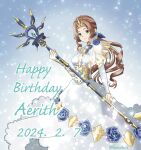  1girl aerith_gainsborough aerith_gainsborough_(prism_dress) blue_flower blue_ribbon blue_rose breasts brown_hair character_name cleavage closed_mouth cowboy_shot dated detached_sleeves dress dress_flower final_fantasy final_fantasy_vii final_fantasy_vii_ever_crisis final_fantasy_vii_remake flower gold_trim green_eyes hair_ribbon hanaoda27 happy_birthday highres holding holding_staff long_dress long_hair looking_at_viewer low_ponytail medium_breasts official_alternate_costume parted_bangs plunging_neckline ribbon rose see-through see-through_sleeves sidelocks smile solo staff tiara twitter_username wavy_hair white_dress white_sleeves 
