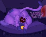 2024 anthro bed butt catnap_(poppy_playtime) crescent_moon critters_(poppy_playtime) domestic_cat felid feline felis fur furniture hi_res huge_hips jewelry long_tail lying lying_on_bed male mammal moon necklace on_bed on_front open_mouth pillow poppy_playtime pose presenting presenting_hindquarters purple_body purple_fur smiling_critters smoke smoke_from_mouth solo sushiamazing tail text thick_thighs white_eyes wide_hips zipper
