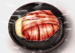  absurdres bacon food food_focus highres kaneko_ryou meat no_humans original plate simple_background steam still_life white_background 