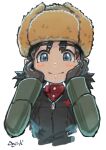  1girl artist_name bangs black_gloves black_hair black_vest blue_eyes blush_stickers brown_headwear closed_mouth commentary cropped_torso eyebrows_visible_through_hair fur_hat girls_und_panzer gloves green_jacket hands_on_own_face hat highres jacket kuroneko_douji long_sleeves looking_at_viewer low_twintails military military_uniform nina_(girls_und_panzer) pravda_military_uniform red_shirt shirt short_hair short_twintails signature simple_background sketch smile solo turtleneck twintails uniform upper_body ushanka vest white_background zipper 