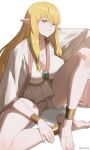  1girl alternate_breast_size anklet bare_legs barefoot blonde_hair bracelet breasts chilakkk cleavage collarbone elf feet gem highres jewelry knee_up large_breasts light_smile looking_at_viewer pointy_ears serie_(sousou_no_frieren) shirt short_shorts shorts sidelocks sitting solo sousou_no_frieren spread_legs toes white_shirt white_shorts 