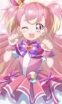  1girl :3 ;d blonde_hair bow brooch commentary crown cure_wonderful dress dress_bow earrings hairband heart heart_brooch highres jewelry long_hair looking_at_viewer magical_girl mini_crown multicolored_hair one_eye_closed open_mouth paw_pose petticoat pink_dress pink_hair pouch precure purple_bow purple_eyes short_dress short_sleeves smile solo standing tilted_headwear two-tone_hair two_side_up wonderful_precure! wrist_cuffs yellow_hairband yunagi_(yng_hoti) 