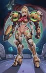  1girl adapted_costume armor armored_boots artist_name ass_visible_through_thighs blonde_hair blue_eyes boots breasts cape chinese_commentary clenched_hand commentary english_commentary extra_arms full_body groin high_ponytail highres large_breasts looking_at_viewer mechanical_arms metroid metroid_(creature) metroid_dread mixed-language_commentary mole mole_under_mouth moon navel power_armor power_suit raven_beak_(metroid) red_cape samus_aran standing strapless_bottom swwhenry thighs v-shaped_eyebrows 
