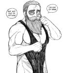  1boy alternate_muscle_size bags_under_eyes bare_shoulders basedlida beard clenched_hand denken_(sousou_no_frieren) facial_hair fighting_stance greyscale hair_slicked_back highres i_may_be_out_of_mana_(meme) long_beard looking_at_viewer loose_hair_strand male_focus meme monochrome monocle muscular muscular_male old old_man pectorals sleeveless solo sousou_no_frieren speech_bubble thick_eyebrows thick_mustache upper_body 