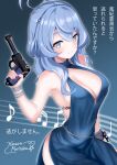  1girl absurdres ako_(blue_archive) ako_(dress)_(blue_archive) backless_dress backless_outfit bare_shoulders blue_archive blue_dress blue_eyes blue_hair breasts cleavage closed_mouth commentary_request covered_nipples cuffs dress gun handgun highres himura_moritaka large_breasts light_smile long_hair musical_note plunging_neckline shackles sideboob simple_background solo weapon 