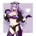  1girl alternate_costume angel_(kof) angel_(kof)_(cosplay) artist_name breasts camilla_(fire_emblem) cosplay crown fake_horns fire_emblem fire_emblem_fates garter_straps gloves hair_over_one_eye heart horns large_breasts lips long_hair looking_at_viewer parted_lips purple_eyes purple_gloves purple_hair rein_creamsoda smile solo the_king_of_fighters thighhighs waves 