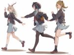  3girls alternate_costume antlers black_cardigan black_hair black_pantyhose black_socks blonde_hair blue_eyes blue_hair blue_sailor_collar blue_skirt blush bow bowtie brown_eyes brown_footwear brown_hair cardigan clenched_hand commentary_request deer_girl flat_chest full_body grey_hair hair_ornament hairclip hand_up highres holding_hands horns konan_mia long_hair looking_at_another looking_at_viewer looking_to_the_side medium_bangs meerkat_ears multicolored_hair multiple_girls nanashi_inc. open_mouth otobeya oura_rukako pantyhose red_bow red_bowtie sailor_collar school_uniform serafuku shirt shoes simple_background skirt smile snake socks streaked_hair tsukinoki_tirol w walking white_background white_shirt white_socks 