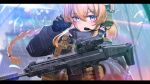  1girl ammunition_pouch blonde_hair blue_eyes braid commentary_request cz_805_bren english_commentary headset highres holding holding_weapon indie_virtual_youtuber iwasawa_republic letterboxed looking_at_viewer optical_sight plate_carrier pouch rain second-party_source single_braid smile solo suppressor tactical_clothes trigger_discipline weapon whiskey_project 