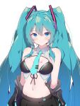  1girl adapted_costume alternate_eye_color aqua_hair aqua_necktie bare_shoulders bikini blue_eyes blush breasts collared_shirt cowboy_shot crop_top double-parted_bangs front-tie_bikini_top front-tie_top groin hair_between_eyes halkawa501 hatsune_miku highres long_hair looking_at_viewer lowleg lowleg_skirt navel necktie open_clothes open_shirt shirt simple_background skirt sleeveless sleeveless_shirt smile solo swimsuit twintails undressing very_long_hair vocaloid white_background 