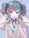  1girl :d absurdres aqua_hair bare_shoulders black_ribbon blue_background blue_camisole blue_eyes blush body_writing bubble_blowing camisole cardigan chewing_gum double_bun facepaint hair_bun hair_intakes hair_ribbon hands_in_hair hands_up hatsune_miku heart heart_pendant highres jacket leo/need_miku long_hair long_sleeves looking_at_viewer multicolored_hair neck_ribbon off_shoulder partially_unbuttoned project_sekai red_hair ribbon smile solo sticker_on_face streaked_hair twintails two-tone_hair upper_body vocaloid vs0mr zozotown 