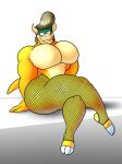  anthro big_pecs clothed clothing colelucario dominic_(colelucario) fan_character fishnet fishnet_legwear hair hi_res horn koopa legwear male mario_bros muscular muscular_anthro muscular_male nintendo pecs pompadour scalie sitting solo thick_thighs topless video_games wide_hips yellow_body 