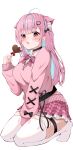  1girl absurdres ahoge animal_ear_fluff animal_ear_legwear animal_ears arm_between_legs black_choker blue_hair bow bowtie breasts cat_ear_legwear cat_ears chocolate choker collared_shirt colored_inner_hair full_body highres hololive long_hair long_sleeves looking_at_viewer medium_breasts minato_aqua miniskirt multicolored_hair oyuharu pink_hair pink_sweater plaid plaid_skirt pleated_skirt shirt simple_background sitting skirt solo sweater thighhighs valentine virtual_youtuber white_background white_thighhighs zettai_ryouiki 