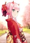  1girl bangs breasts darling_in_the_franxx eyebrows_visible_through_hair floral_print green_eyes horns japanese_clothes kangbus kimono looking_at_viewer medium_breasts new_year oni_horns pink_hair red_horns smile yukata zero_two_(darling_in_the_franxx) 