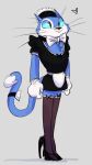 &lt;3 2018 anthro blue_body bow_tie cattus_the_one_blade chest_tuft clothed clothing crossdressing dbaru domestic_cat felid feline felis full-length_portrait grey_background hi_res legwear maid_uniform male mammal mighty_magiswords portrait simple_background solo standing thigh_highs tuft uniform whiskers