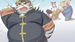 2024 ailurid anthro babe_bunyan belly big_belly bovid bovine cattle clothing felid group hi_res kemono licho_(tas) lifewonders male mammal overalls overweight overweight_male pantherine ptcmtr red_body red_panda shirt snow snowball snowball_fight suspenders tiger tokyo_afterschool_summoners topwear white_body zhurong_(tas)