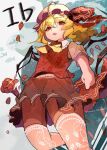  1girl ahoge ascot blonde_hair blush crystal_wings dress flandre_scarlet frills from_below hat highres medium_hair mob_cap open_mouth petals red_eyes red_ribbon ribbon rose_petals side_ponytail solo thighhighs touhou user_dhut7343 wings yellow_ascot 