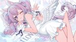  1girl animal_ears ass bare_shoulders barefoot blush breasts dress feathered_wings grey_eyes long_hair looking_at_viewer looking_back low_wings one_eye_closed original purple_hair saku_nosuke short_dress small_breasts smile solo tail twintails white_dress white_wings wings wrist_cuffs 