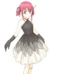  1girl ahoge bad_drawr_id bad_id black_dress black_gloves black_ribbon breasts closed_mouth dress drill_hair gloves grey_dress hair_ribbon hoshizora_miyuki looking_at_viewer multicolored_clothes multicolored_dress oekaki pink_eyes precure red_hair ribbon sidelocks simple_background small_breasts smile smile_precure! solo standing thigh_strap white_background white_dress yuucho 