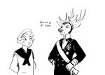 2024 anthro antlers black_and_white clothing comic deer deer_admiral_(hladilnik) dialogue domestic_cat duo english_text felid feline felis hi_res hladilnik horn male mammal military_uniform monochrome sailor_uniform ship&#039;s_catboy_(hladilnik) text uniform