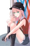  absurdres alternate_costume black_footwear boots breasts candy darling_in_the_franxx food green_eyes highres horns lollipop long_hair medium_breasts oni_horns pink_hair red_horns shorts sitting sleeveless user_rmpj5747 zero_two_(darling_in_the_franxx) 