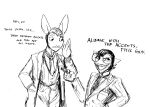 2024 american_opossum anthro black_and_white clothed clothing crossdressing dialogue english_text facial_hair female hand_in_pocket hi_res hladilnik lagomorph leporid mammal marsupial marylin_(hladilnik) monochrome mustache necktie pockets pro_bun_(hladilnik) rabbit slicked_back_hair solo suit text topwear vest