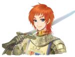  1boy armor bangs blue_eyes chainmail closed_mouth commentary_request emblem gauntlets holding holding_sword holding_weapon knight_(ragnarok_online) looking_at_viewer male_focus medium_hair misuguu orange_hair pauldrons ragnarok_online shoulder_armor simple_background smile solo sword tabard upper_body weapon white_background 