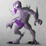  2017 anthro black_claws bodily_fluids claws cum deuzion digitigrade endertwinks erection genital_fluids genitals glowing glowing_eyes grey_body hi_res male penis purple_tongue solo tongue tongue_out 