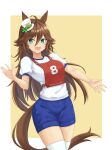  1girl animal_ears aqua_eyes bandeau blue_shorts brown_hair character_name commentary cowboy_shot gym_shirt gym_shorts gym_uniform hat highres horse_ears horse_girl horse_tail kemuri_(etep3372) long_hair looking_at_viewer mini_hat mini_top_hat mr._c.b._(umamusume) open_mouth race_bib shirt short_sleeves shorts smile solo standing tail thighhighs tilted_headwear top_hat translated umamusume waving white_headwear white_shirt white_thighhighs yellow_bandeau 